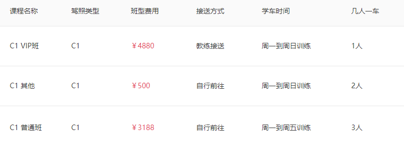 鸿通驾校收费表